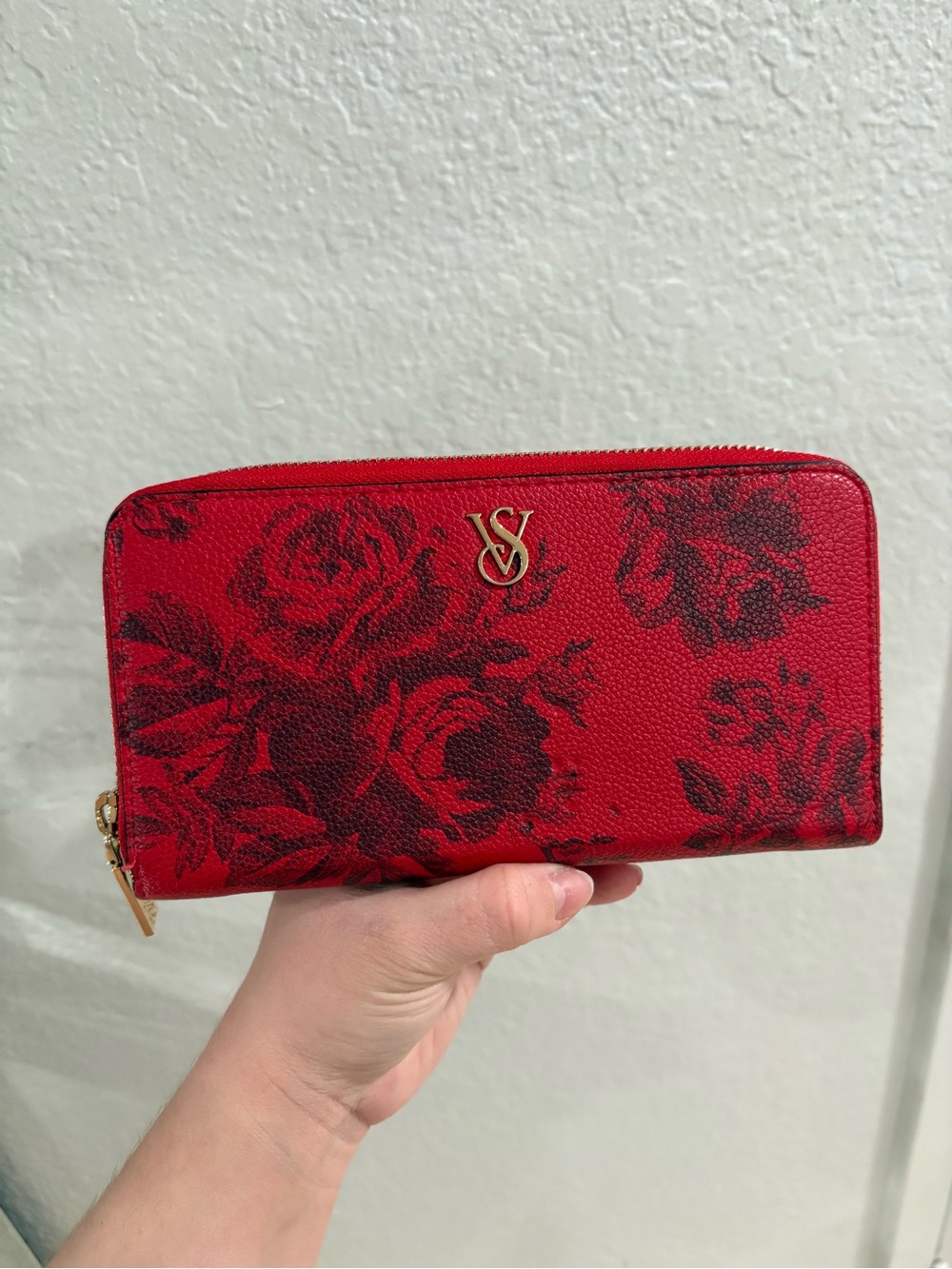 Victoria's Secret Red and Black Floral Zip Wallet